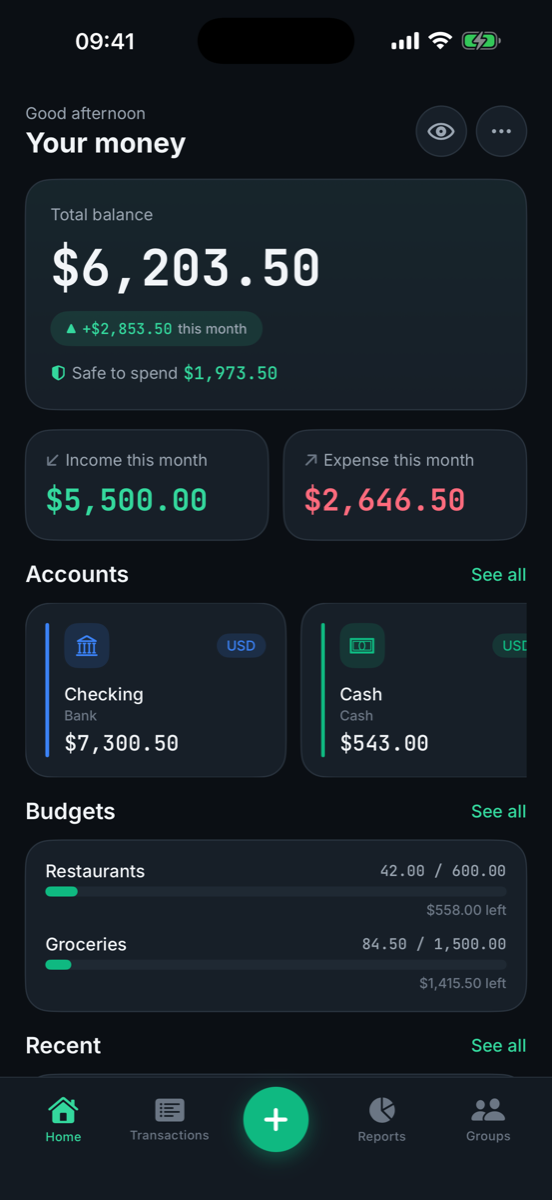 Sovas startskærm med samlet saldo og trygt at bruge